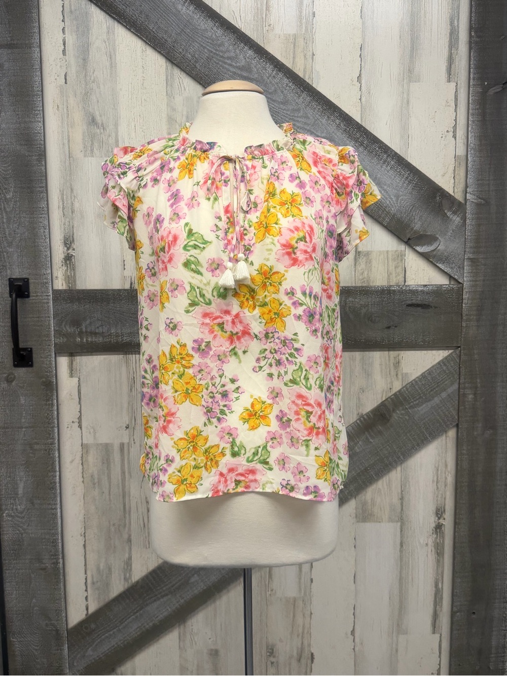 Rose & Olive Cream Floral Tie-Neck Blouse with Pink & Yellow Flowers